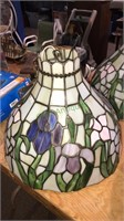 Floral leaded glass hanging light with a brass