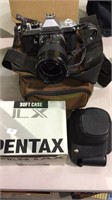 Pentax K2 Asahi, with a zoom lens, softside case