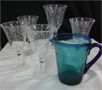 Blue Glass Pitcher & Tall Glasses
