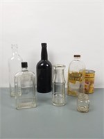 6 bouteilles et pot anciens en verre