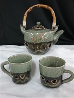 Stoneware Oriental Teapot & Cups