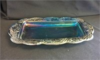 Carnival Glass Butter Dish - Blue