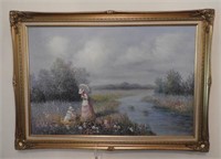 Framed Oil on Canvas of Victorian women picking