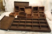 Small wooden boxes, wood tray, 2 metal trays