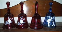 Fenton Bells, one blue Mary Gregory,  3 red