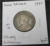 1933 NEWZELAND SILVER SHILLING VF RARE