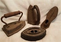 3 sad irons and shoe lathe