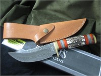 Marbles Damascus Stag w Leather Sheath