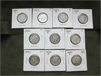 (10) Mercury Dimes '42-'45 Different Mints