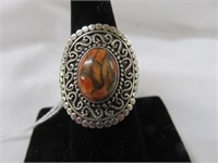 ORNATE STERLING SILVER RING WITH NATURAL ORANGE