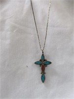 STERLING SILVER TURQUOISE CROSS NECKLACE 11"