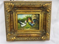 ORNATE FRAMED OIL ON BOARD "ROOSTER AND CHICKEN"