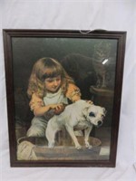 FRAMED PRINT-GIRL WITH CAT AND DOG