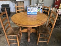 Round Oak Pedestal Table W/ 4ladder Back Chairs