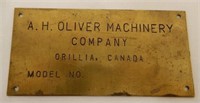 A.H. OLIVER MACHINERY ORILLIA, CANADA  BRASS PLATE