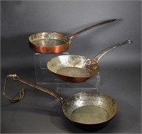 Three 19th Century Copper & Iron Frying Pans