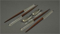 Silver & Wood Chopsticks W/ Stands, Marked "J"