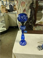 Blue Cut Glass Banquet Oil Lamp 23 In Tall
