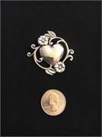 Signed 925 sterling silver heart/ flower brooch