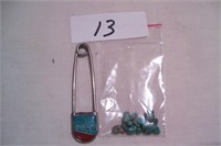 Large Turquoise safety pin & loose stones