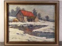 Barn in Winter, by Lila C. Knowles. 
Oil on