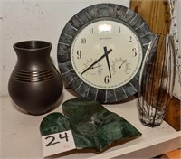 Clock 14" diam, 2 contemporary vases & leaf plate.