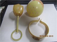 3 Vtg. Celluloid Baby Toys-Rattle,Rattle Ball &