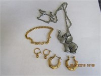 Elephant Pendant Necklace, Bracelet & 2 prs.