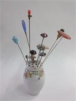 Fine Victorian Hat Pins in Pin Vase