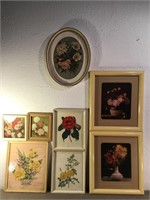 Lot of eight floral prints or paintings. All in