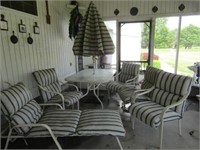 Patio furniture:table, umbrella, 4 chairs & loungr