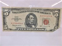 1963 RED SEAL FIVE DOLLAR BILL IN FRAME