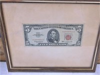1963 RED SEAL FIVE DOLLAR BILL IN FRAME