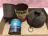 Vintage oil can funnel and tins