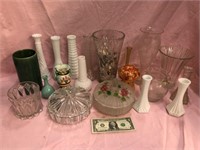 Lot of misc glassware vases candy dishes