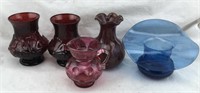 Ruby & Cranberry Glass; Blue Art Glass Vase