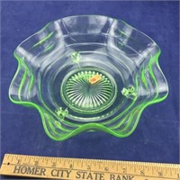 3 Footed Green Ruffled Depression Glass Bowl