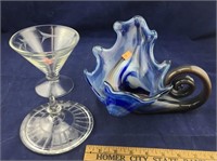 Blue Art Glass and Clear Candy Dish