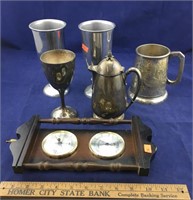 Silver Plate Goblet, Small Pitcher and Barometer