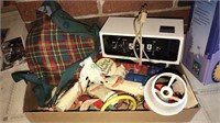 Vintage Girl Scout mess kit, vintage clock radio,