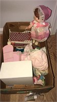 Box lot of doll clothes and accessories including