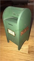 Green vintage mailbox bank, 9 inches tall