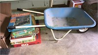 Child size wheel barrel, five vintage games,