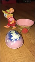 Tin Easter bunny pulling a basket, wind up tin