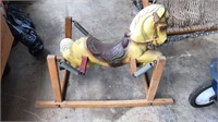 1950s molded plastic Rocking horse on a wood