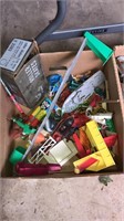 Box lot of plastic toy figures, play dough