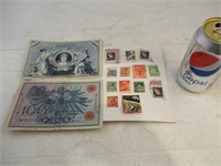 2 billets de 100 marks allemand 1908 et 13 timbres