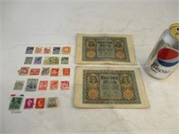 2 billets de 100 marks 1920 et timbres européens