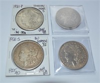 Group (4) Morgan silver dollar, 1921 D,  2 P, S,