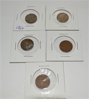 Group (5) indian head pennies, 1881, 1887, 1893,